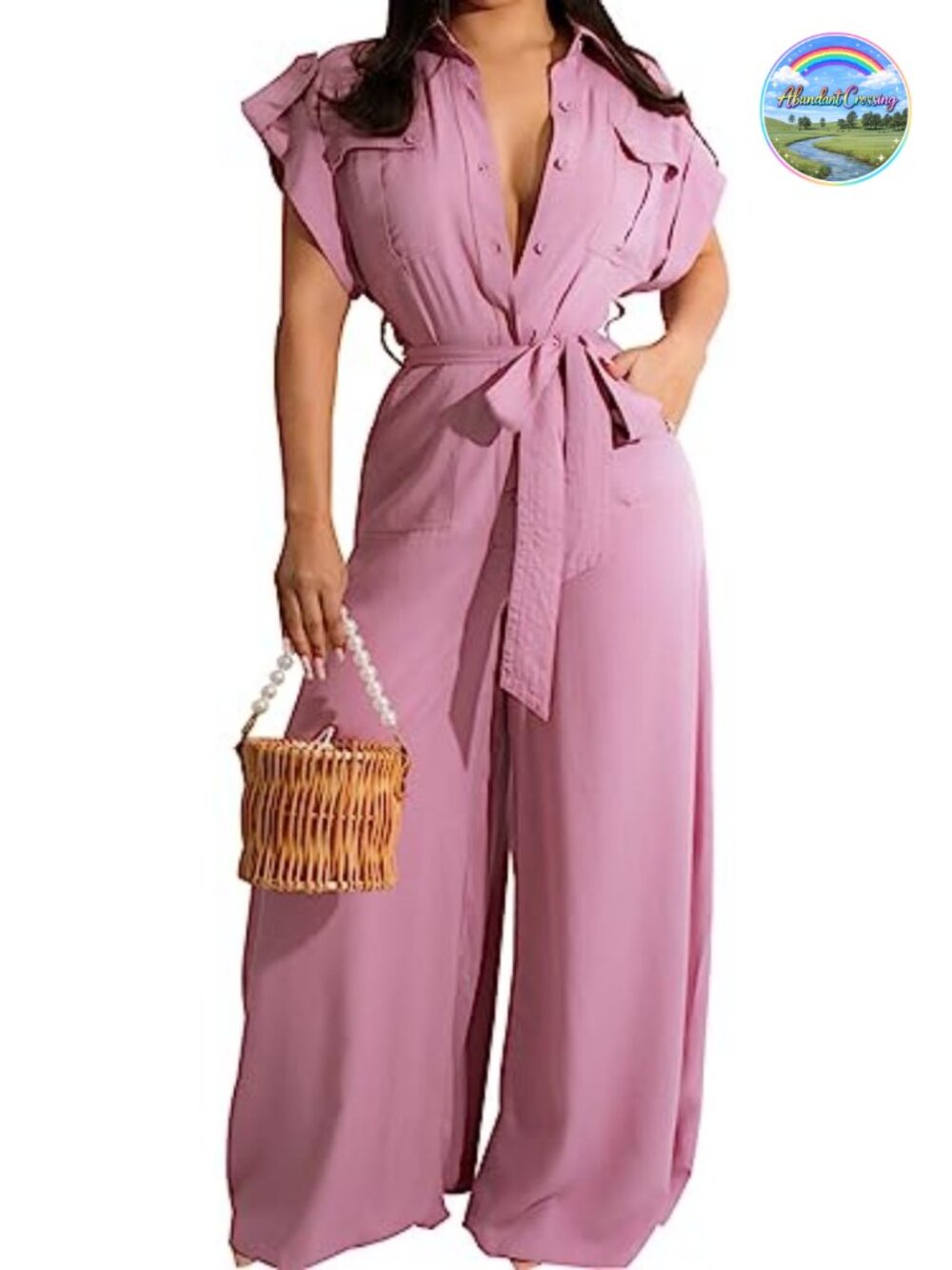 Women's Wide Leg Jumpsuit Short Sleeve Round Neck One Piece Romper Casual